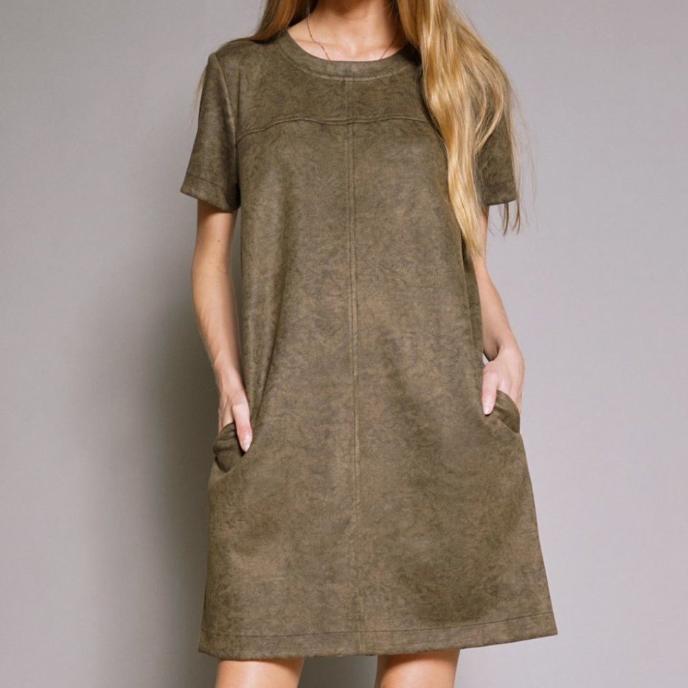 Olive Short Sleeve A-Line Pocket Dress - Women
